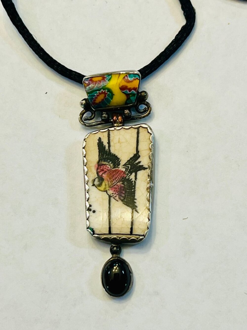 Porcelain Bird Pendant w/ Black Onyx, Cased in Sliver " Rare"